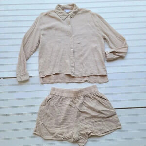 Set Of 2 Midnight Sky Button Up Shirt Shorts Women’s Long Sleeve Cotton Beige L